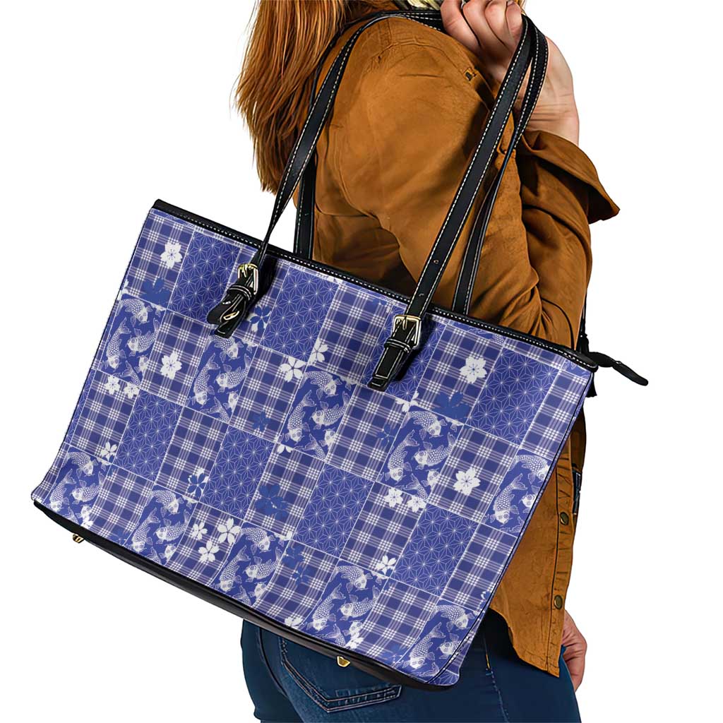 Blue Palaka Japanese Patterns Leather Tote Bag Koi Fish Asanoha Sakura Patchwork Stylized - Polynesian Pride