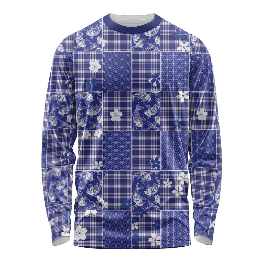 Blue Palaka Japanese Patterns Long Sleeve Shirt Koi Fish Asanoha Sakura Patchwork Stylized LT14 Unisex Blue - Polynesian Pride