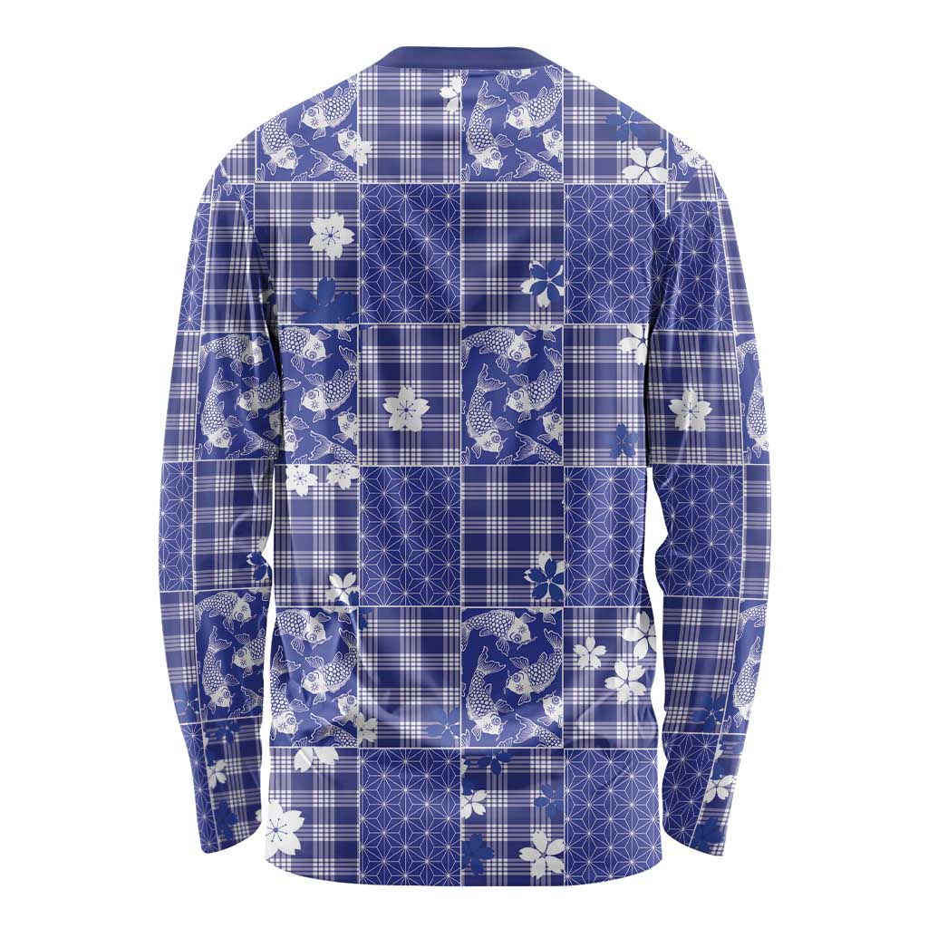 Blue Palaka Japanese Patterns Long Sleeve Shirt Koi Fish Asanoha Sakura Patchwork Stylized LT14 - Polynesian Pride
