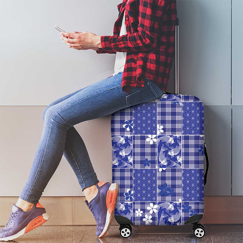 Blue Palaka Japanese Patterns Luggage Cover Koi Fish Asanoha Sakura Patchwork Stylized - Polynesian Pride