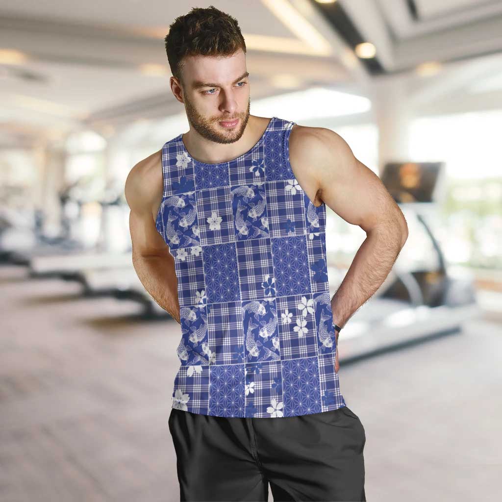 Blue Palaka Japanese Patterns Men Tank Top Koi Fish Asanoha Sakura Patchwork Stylized - Polynesian Pride