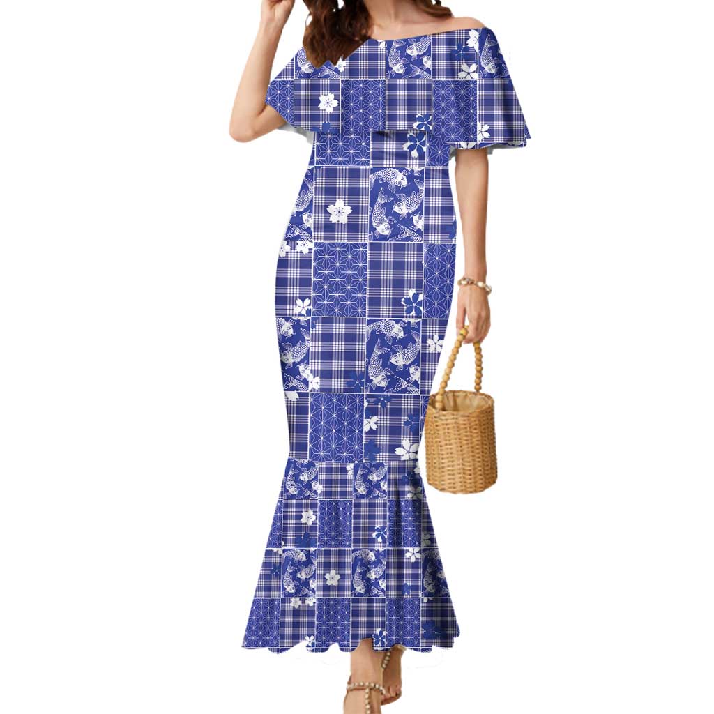 Blue Palaka Japanese Patterns Mermaid Dress Koi Fish Asanoha Sakura Patchwork Stylized - Polynesian Pride