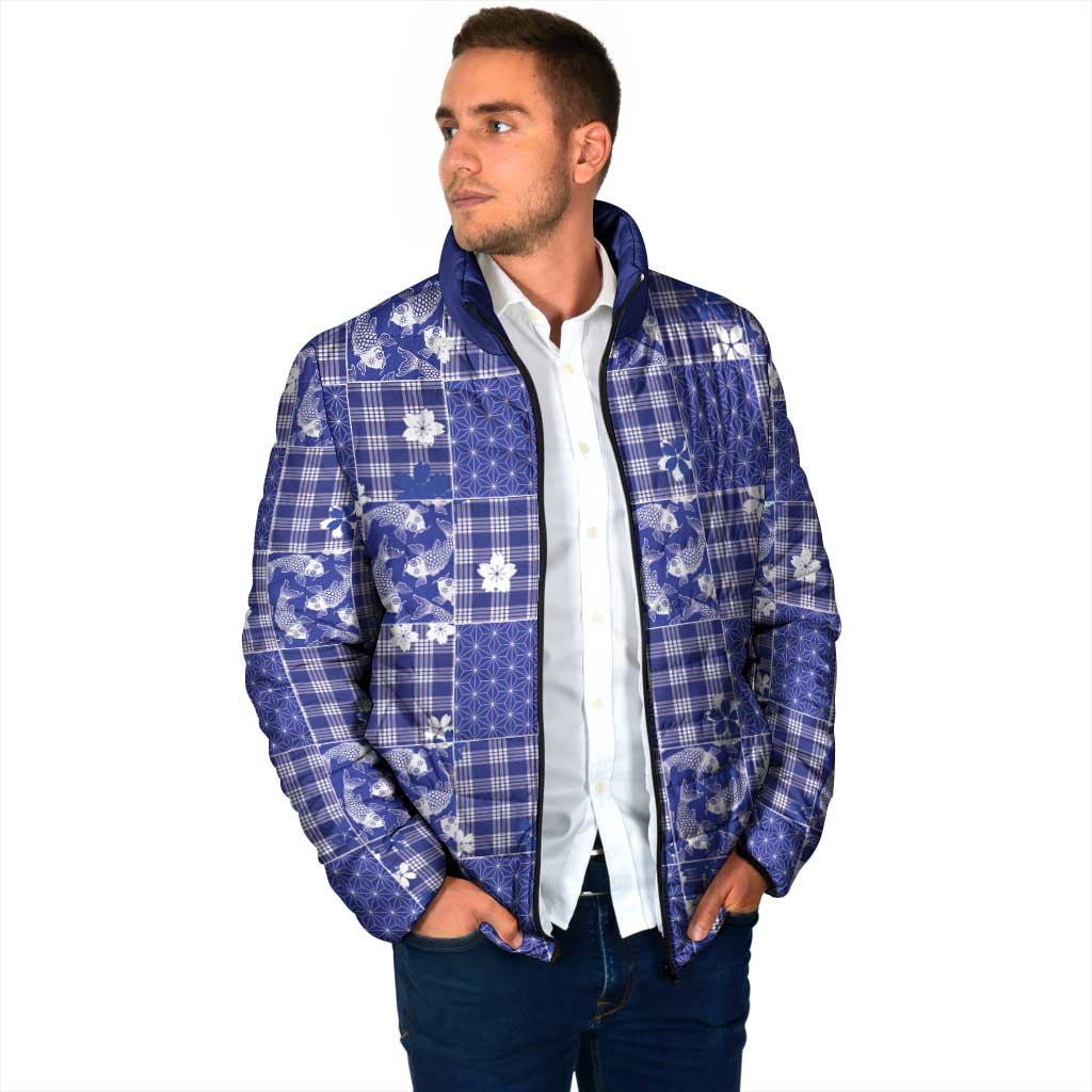 Blue Palaka Japanese Patterns Padded Jacket Koi Fish Asanoha Sakura Patchwork Stylized - Polynesian Pride