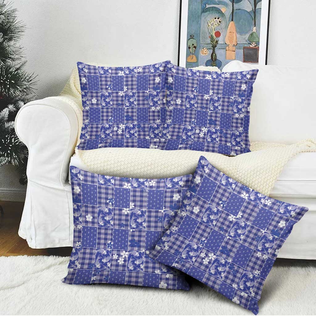Blue Palaka Japanese Patterns Pillow Cover Koi Fish Asanoha Sakura Patchwork Stylized - Polynesian Pride