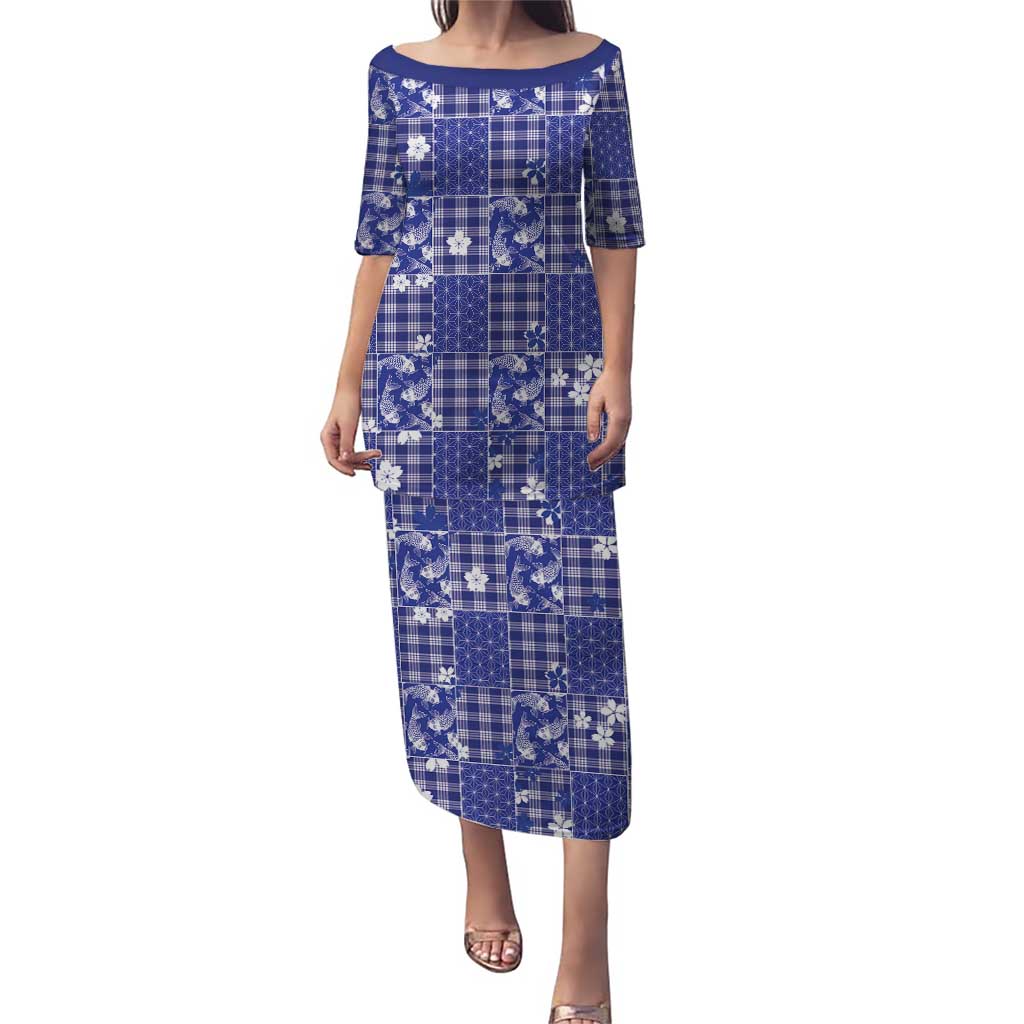Blue Palaka Japanese Patterns Puletasi Koi Fish Asanoha Sakura Patchwork Stylized - Polynesian Pride