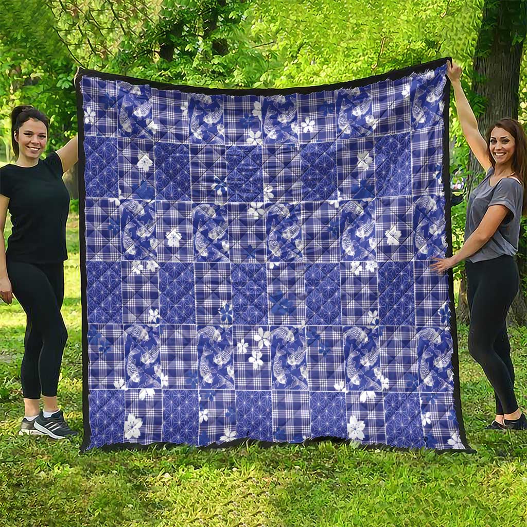 Blue Palaka Japanese Patterns Quilt Koi Fish Asanoha Sakura Patchwork Stylized - Polynesian Pride