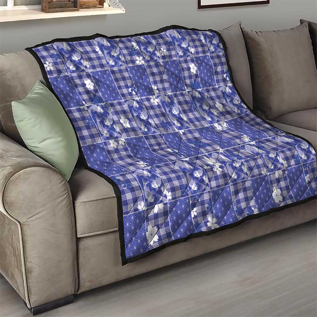 Blue Palaka Japanese Patterns Quilt Koi Fish Asanoha Sakura Patchwork Stylized - Polynesian Pride