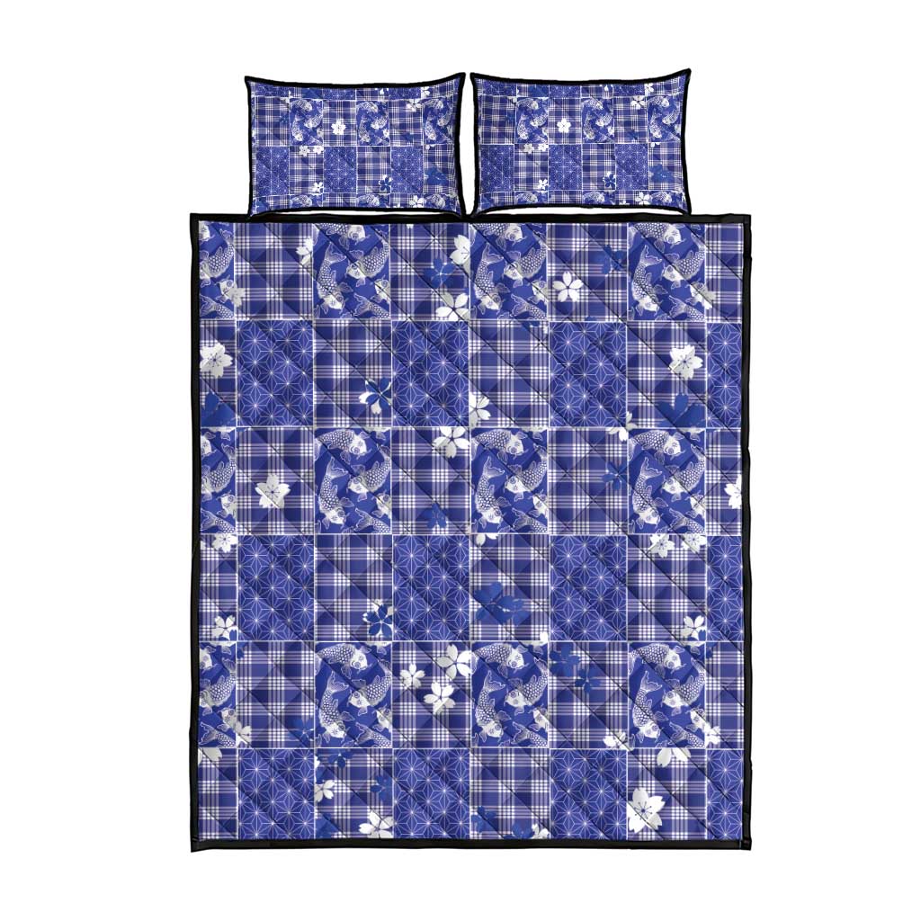 Blue Palaka Japanese Patterns Quilt Bed Set Koi Fish Asanoha Sakura Patchwork Stylized LT14 - Polynesian Pride