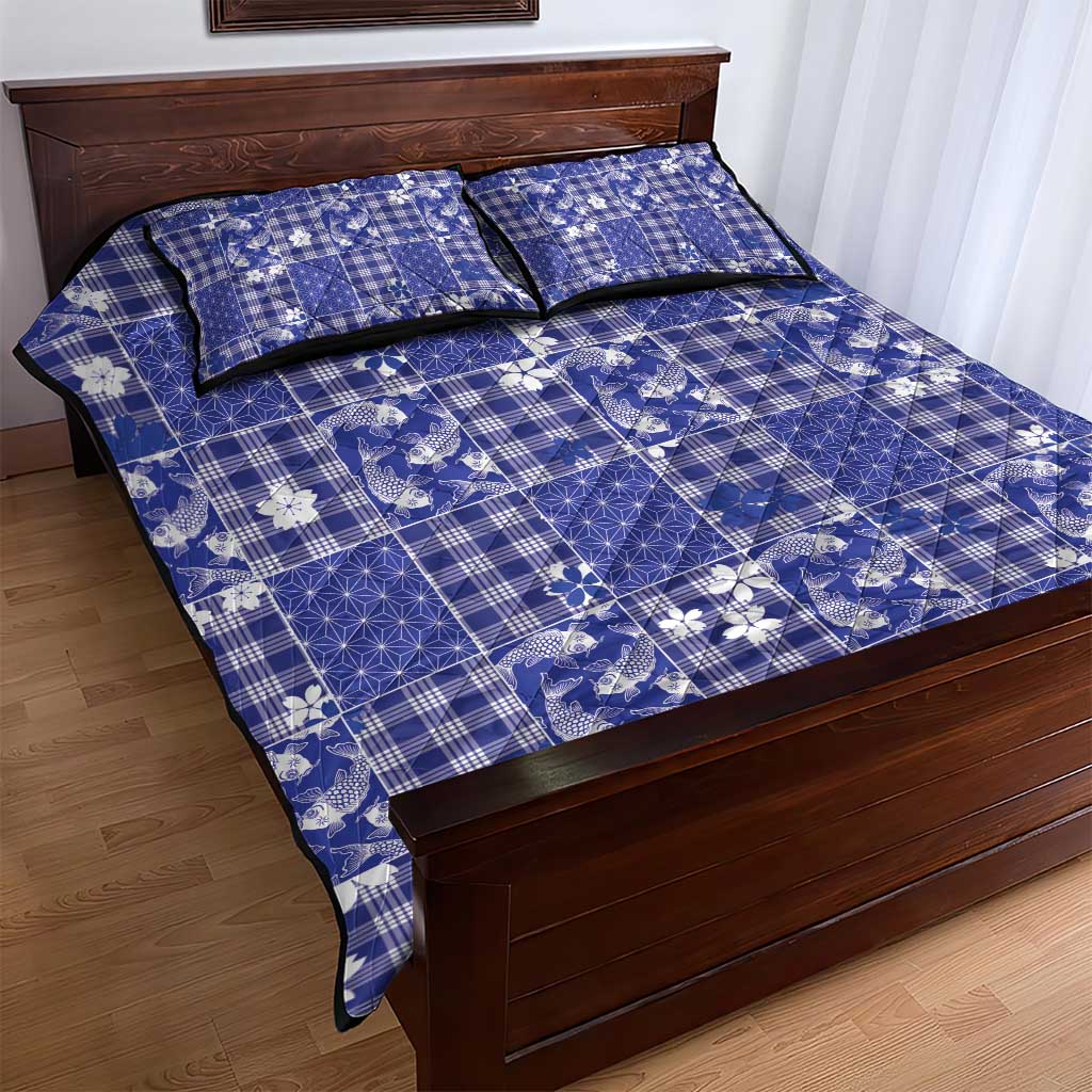 Blue Palaka Japanese Patterns Quilt Bed Set Koi Fish Asanoha Sakura Patchwork Stylized LT14 - Polynesian Pride
