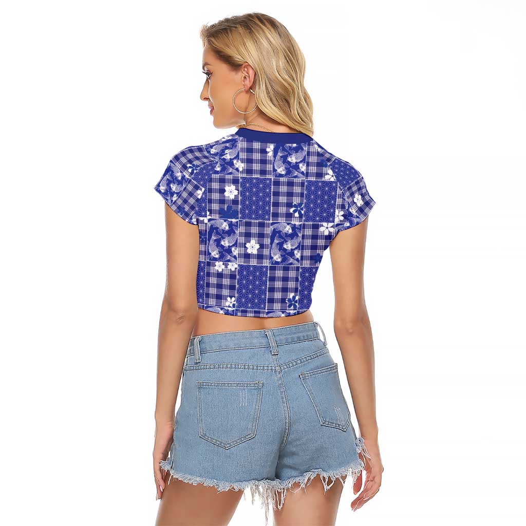 Blue Palaka Japanese Patterns Raglan Cropped T Shirt Koi Fish Asanoha Sakura Patchwork Stylized - Polynesian Pride