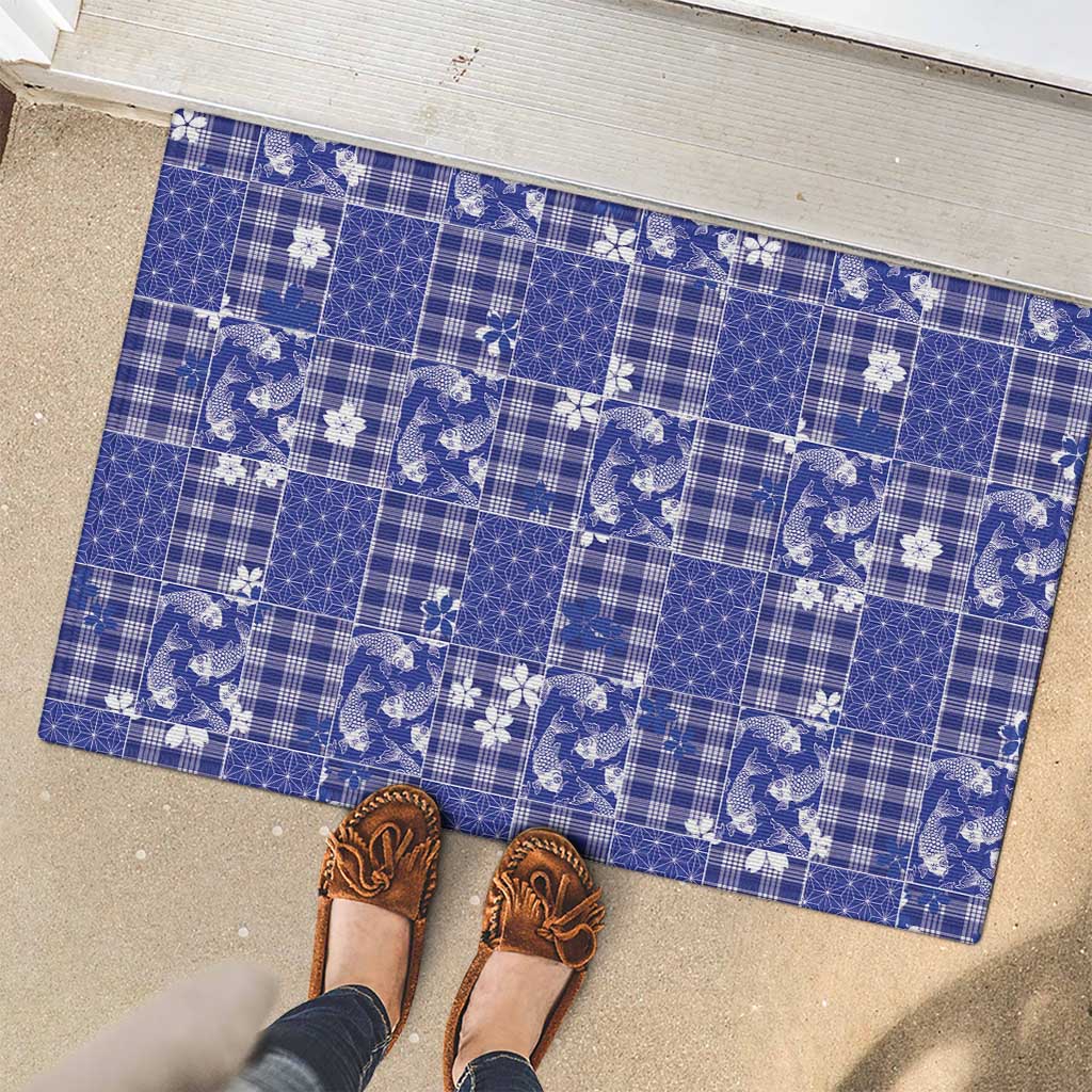 Blue Palaka Japanese Patterns Rubber Doormat Koi Fish Asanoha Sakura Patchwork Stylized - Polynesian Pride