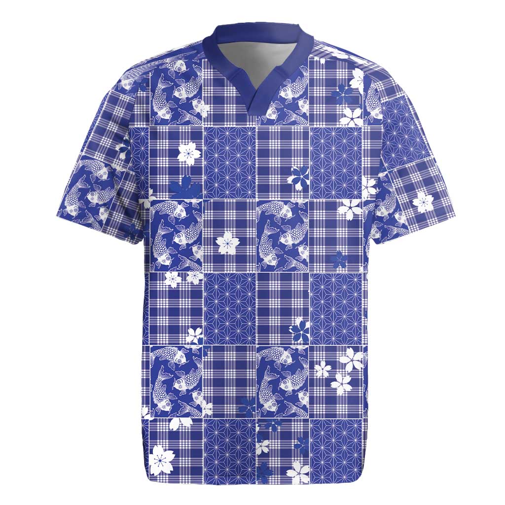 Blue Palaka Japanese Patterns Rugby Jersey Koi Fish Asanoha Sakura Patchwork Stylized LT14 Blue - Polynesian Pride