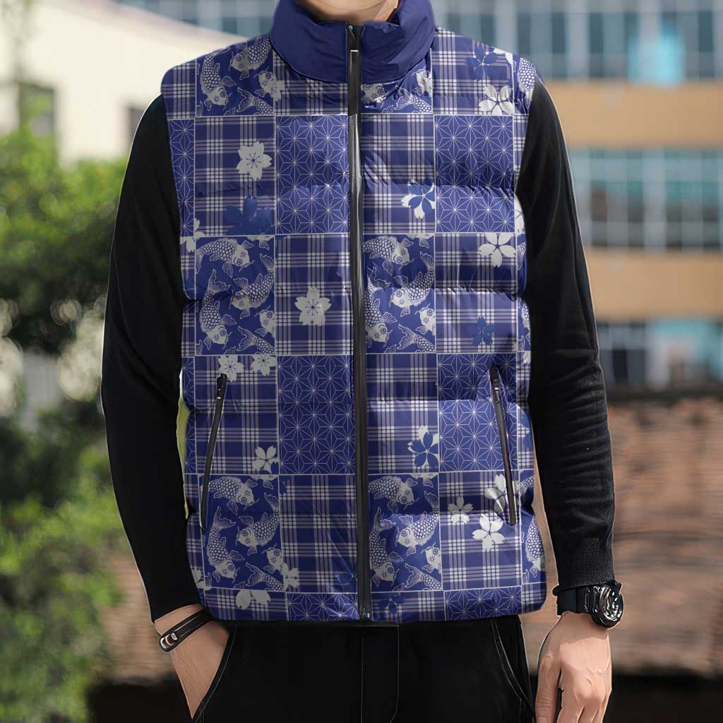 Blue Palaka Japanese Patterns Sleeveless Puffer Jacket Koi Fish Asanoha Sakura Patchwork Stylized - Polynesian Pride