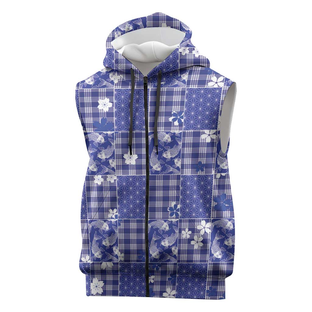Blue Palaka Japanese Patterns Sleeveless Zip Hoodie Koi Fish Asanoha Sakura Patchwork Stylized - Polynesian Pride
