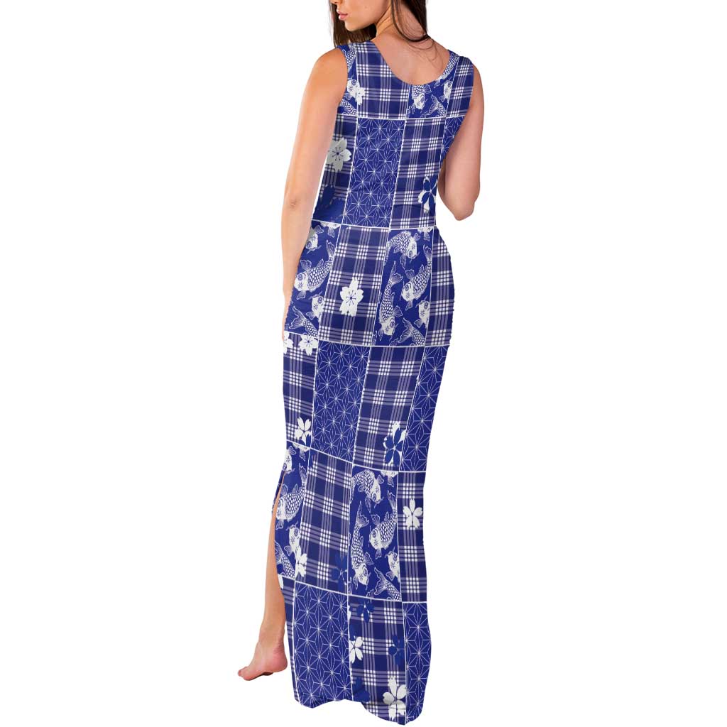 Blue Palaka Japanese Patterns Tank Maxi Dress Koi Fish Asanoha Sakura Patchwork Stylized - Polynesian Pride