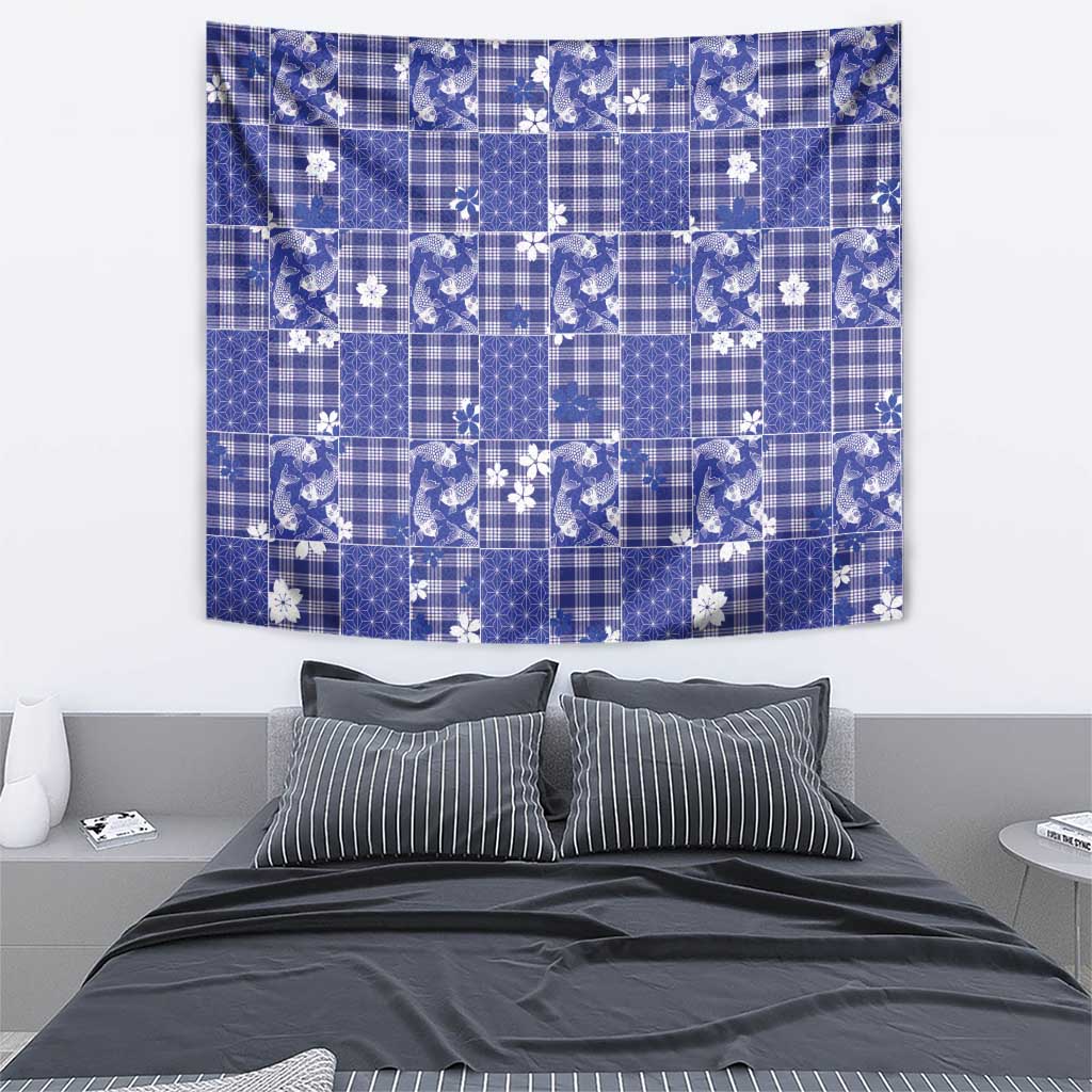 Blue Palaka Japanese Patterns Tapestry Koi Fish Asanoha Sakura Patchwork Stylized - Polynesian Pride