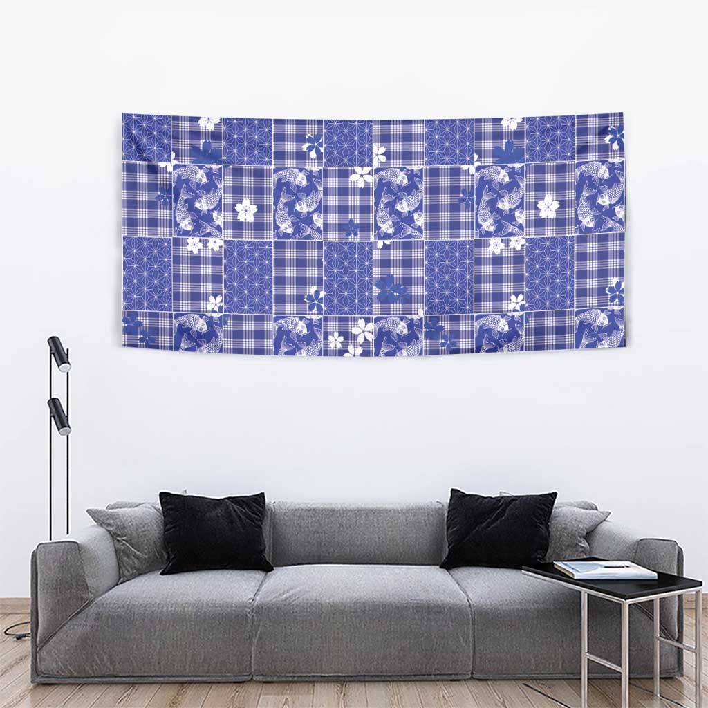 Blue Palaka Japanese Patterns Tapestry Koi Fish Asanoha Sakura Patchwork Stylized - Polynesian Pride