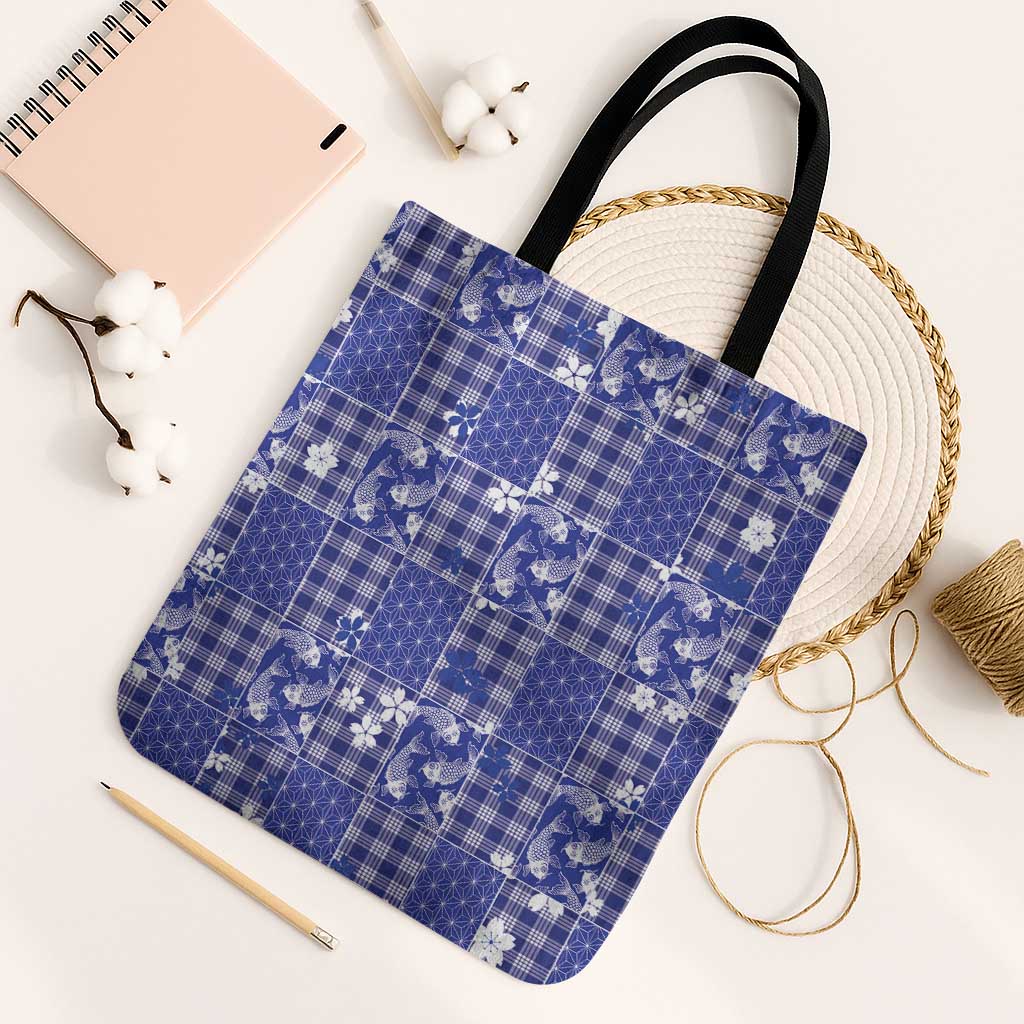 Blue Palaka Japanese Patterns Tote Bag Koi Fish Asanoha Sakura Patchwork Stylized LT14 Black Strap One Size Blue - Polynesian Pride