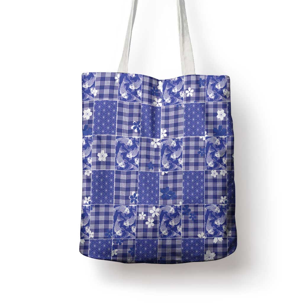 Blue Palaka Japanese Patterns Tote Bag Koi Fish Asanoha Sakura Patchwork Stylized LT14 - Polynesian Pride