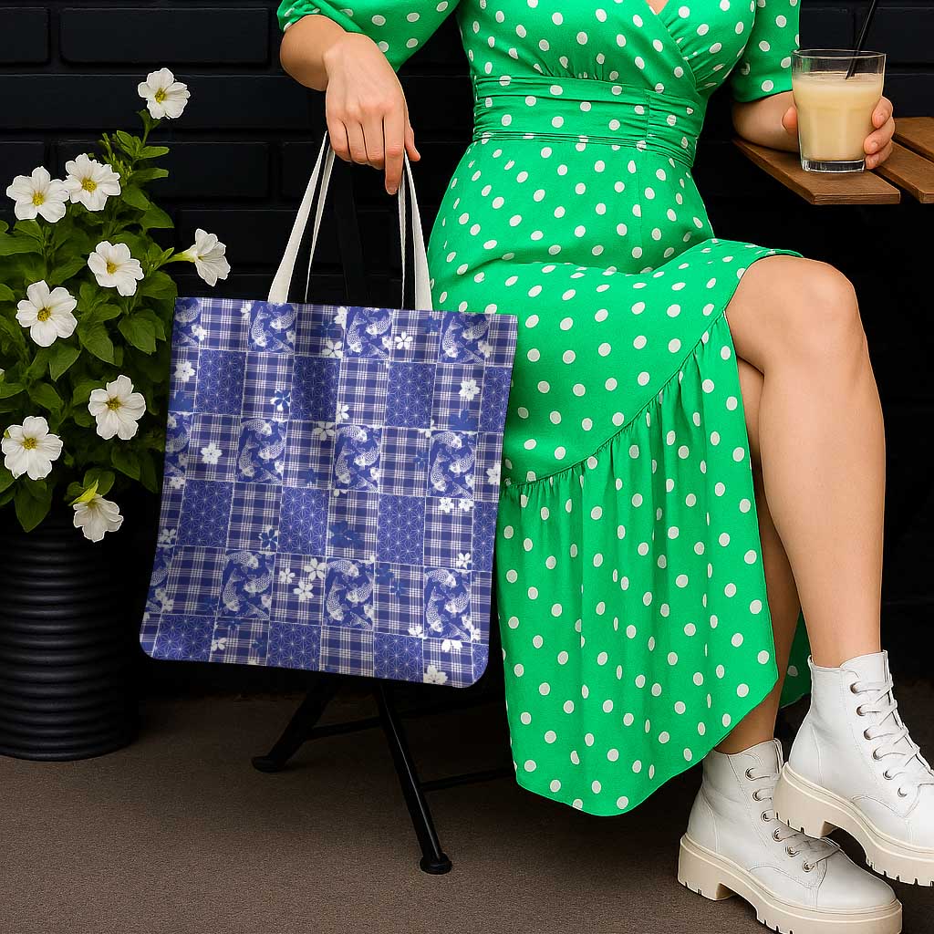 Blue Palaka Japanese Patterns Tote Bag Koi Fish Asanoha Sakura Patchwork Stylized LT14 - Polynesian Pride