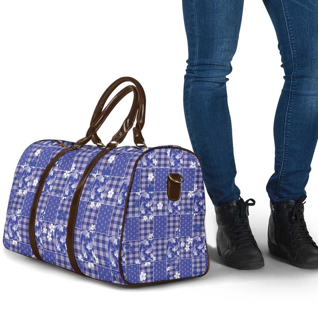 Blue Palaka Japanese Patterns Travel Bag Koi Fish Asanoha Sakura Patchwork Stylized - Polynesian Pride