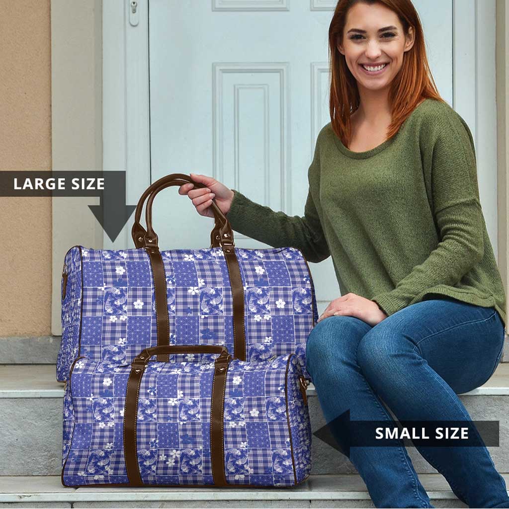 Blue Palaka Japanese Patterns Travel Bag Koi Fish Asanoha Sakura Patchwork Stylized - Polynesian Pride
