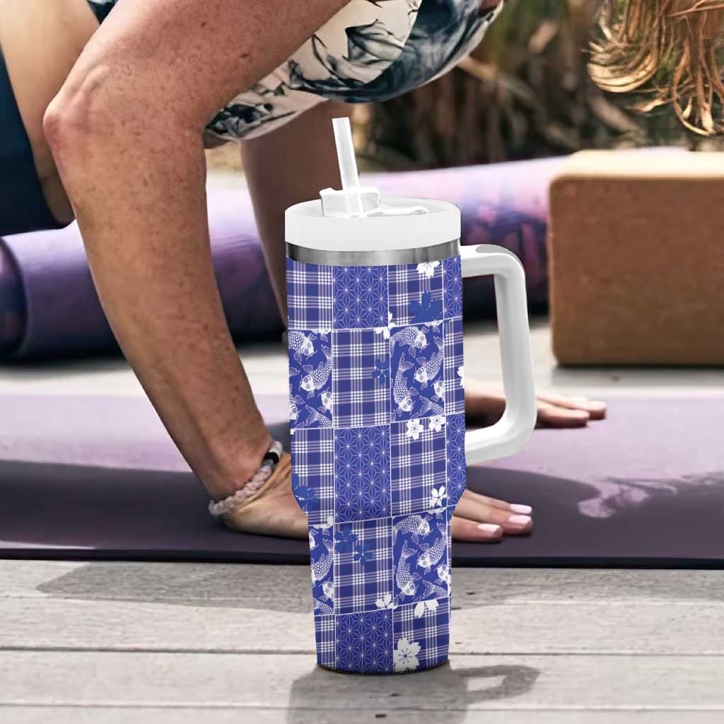 Blue Palaka Japanese Patterns Tumbler With Handle Koi Fish Asanoha Sakura Patchwork Stylized - Polynesian Pride