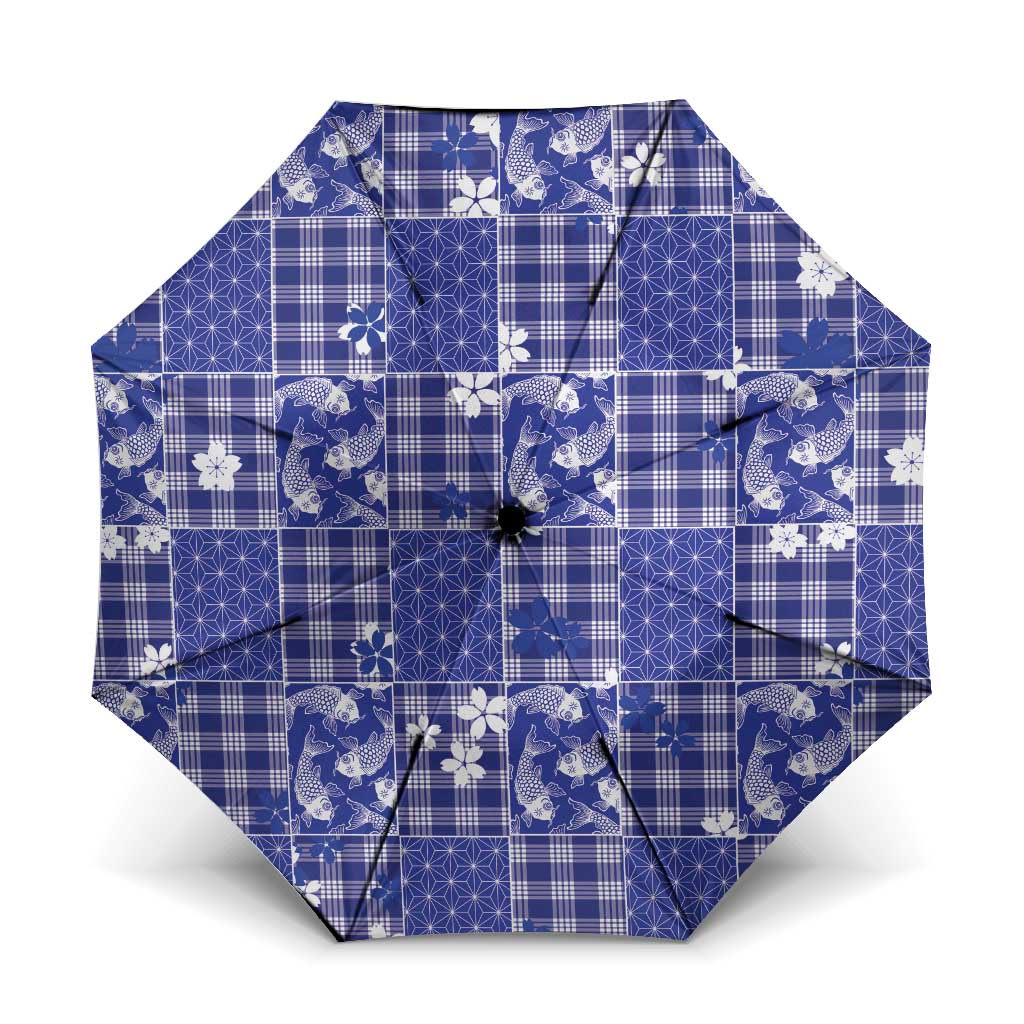 Blue Palaka Japanese Patterns Umbrella Koi Fish Asanoha Sakura Patchwork Stylized LT14 One Size Folded 11.42 inch Opened Diameter 37.4 inch Blue - Polynesian Pride