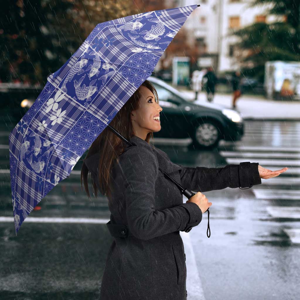 Blue Palaka Japanese Patterns Umbrella Koi Fish Asanoha Sakura Patchwork Stylized - Polynesian Pride