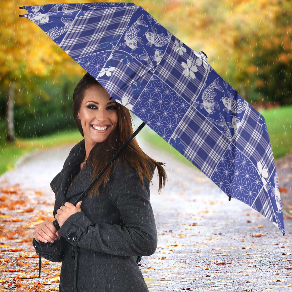 Blue Palaka Japanese Patterns Umbrella Koi Fish Asanoha Sakura Patchwork Stylized - Polynesian Pride