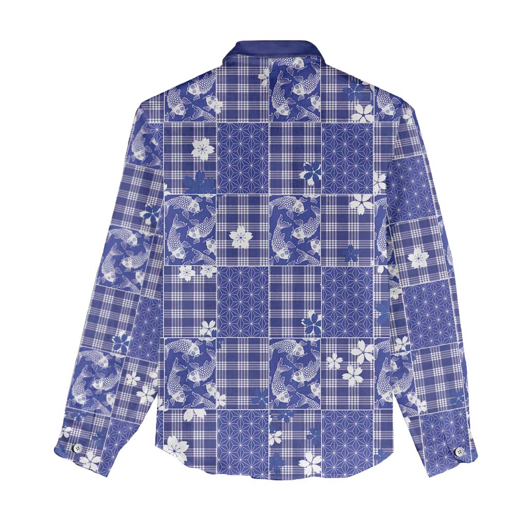 Blue Palaka Japanese Patterns Women Casual Shirt Koi Fish Asanoha Sakura Patchwork Stylized - Polynesian Pride