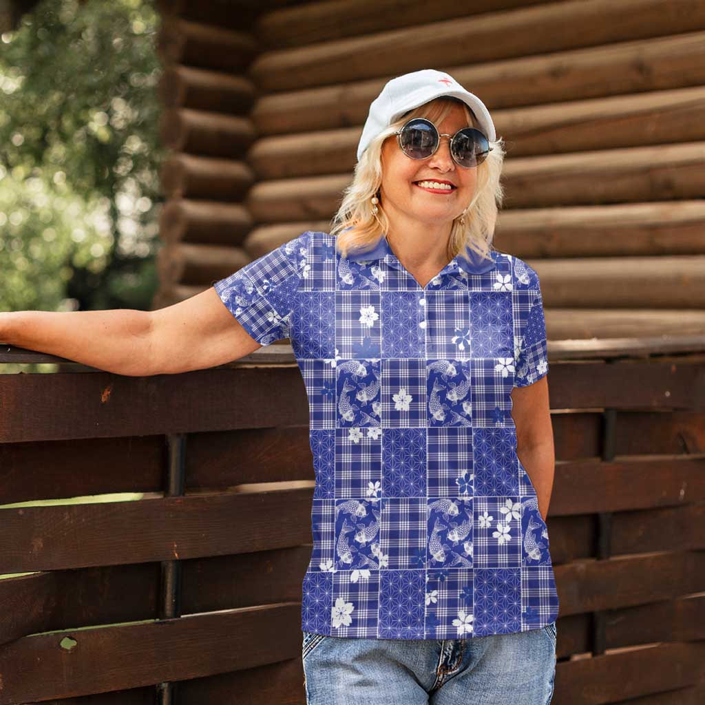 Blue Palaka Japanese Patterns Women Polo Shirt Koi Fish Asanoha Sakura Patchwork Stylized - Polynesian Pride