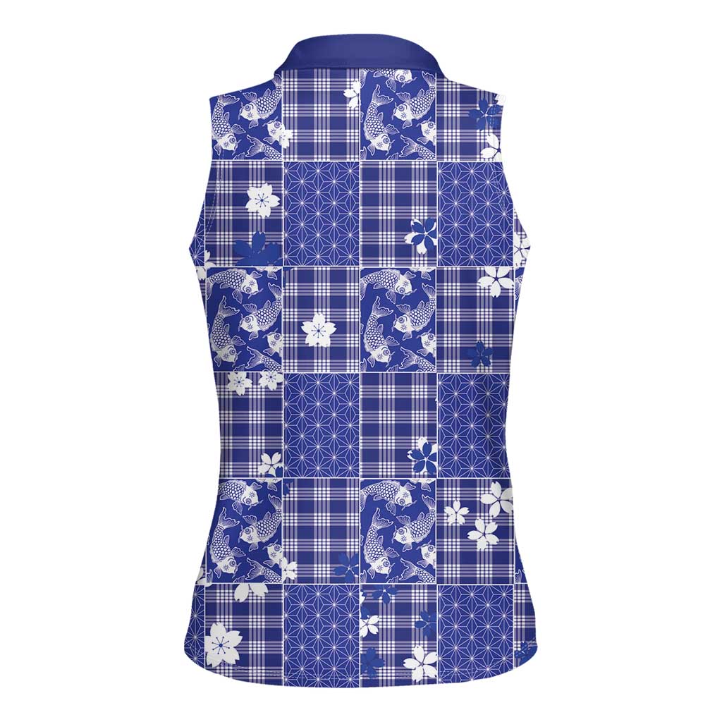 Blue Palaka Japanese Patterns Women Sleeveless Polo Shirt Koi Fish Asanoha Sakura Patchwork Stylized - Polynesian Pride