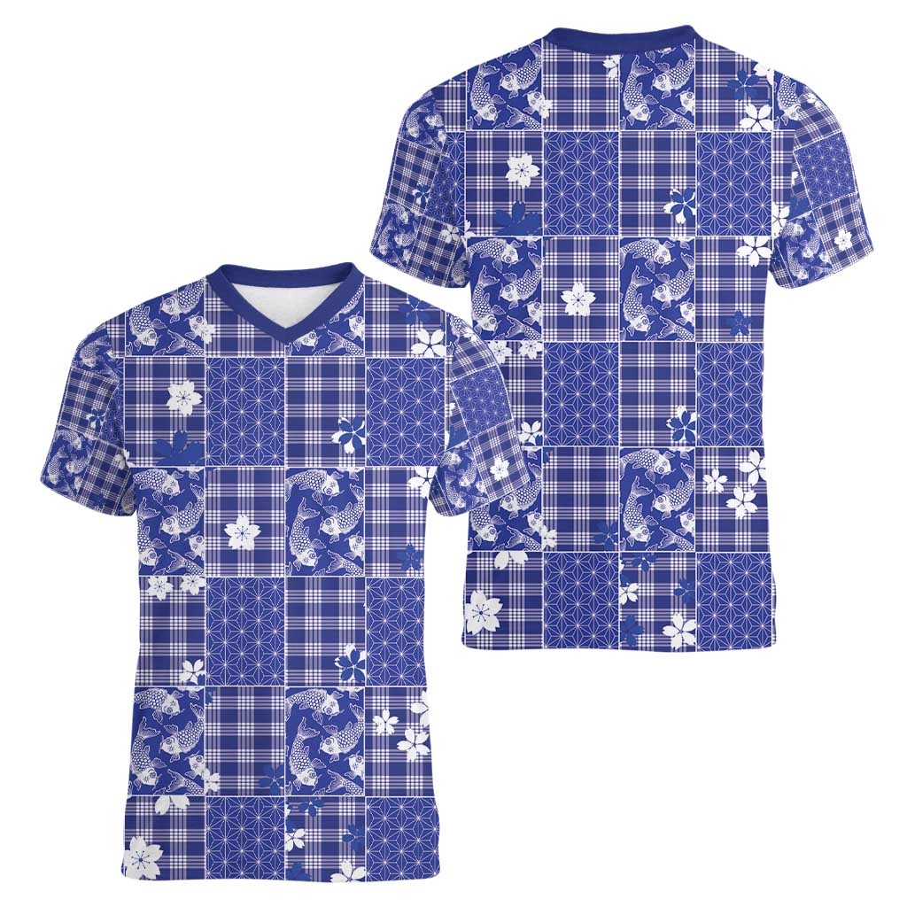 Blue Palaka Japanese Patterns Women V-Neck T-Shirt Koi Fish Asanoha Sakura Patchwork Stylized - Polynesian Pride