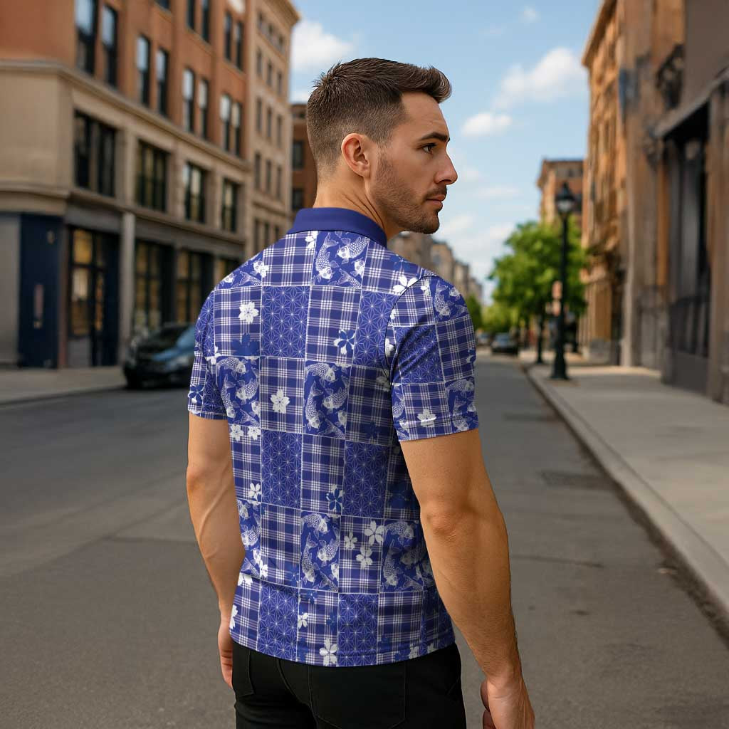 Blue Palaka Japanese Patterns Zipper Polo Shirt Koi Fish Asanoha Sakura Patchwork Stylized - Polynesian Pride