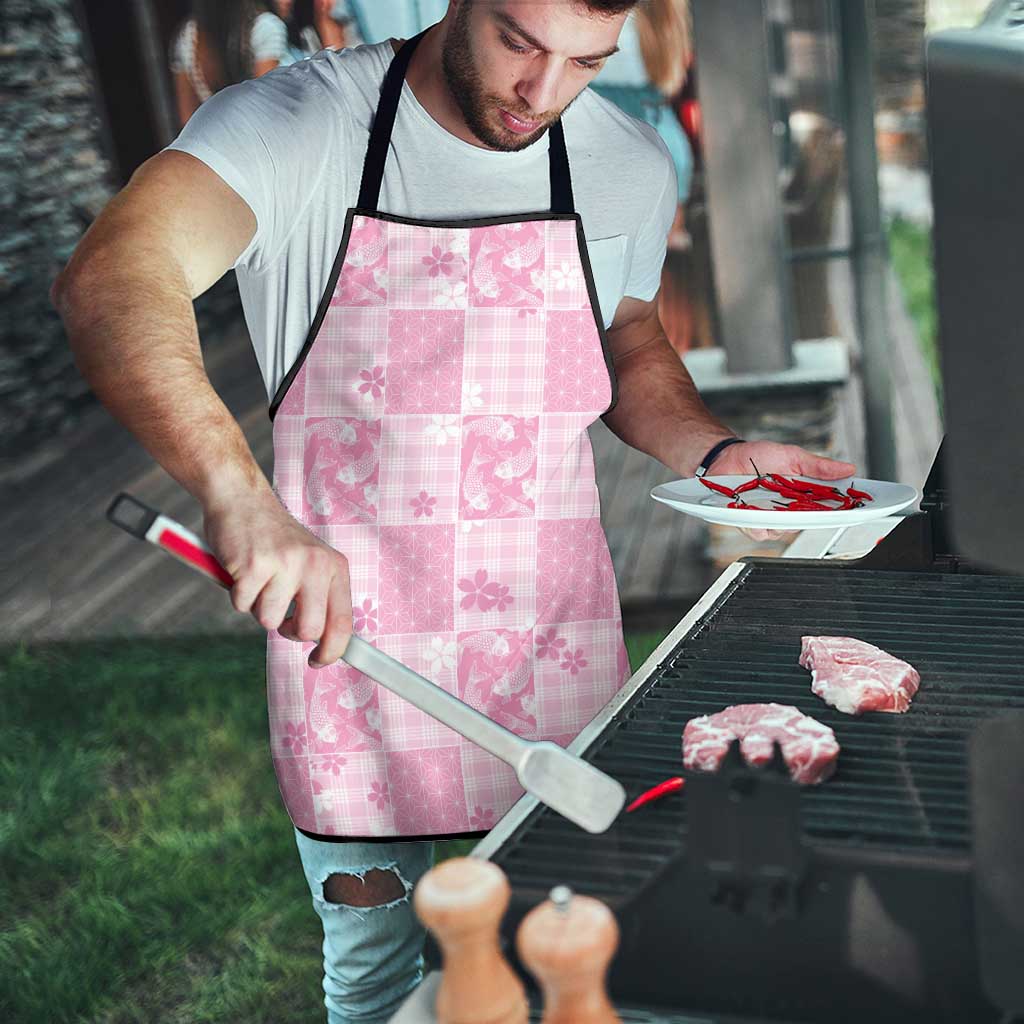 Pink Palaka Japanese Patterns Apron Koi Fish Asanoha Sakura Patchwork Stylized - Polynesian Pride