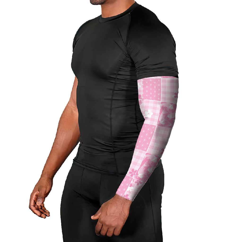 Pink Palaka Japanese Patterns Arm Sleeves Koi Fish Asanoha Sakura Patchwork Stylized - Polynesian Pride
