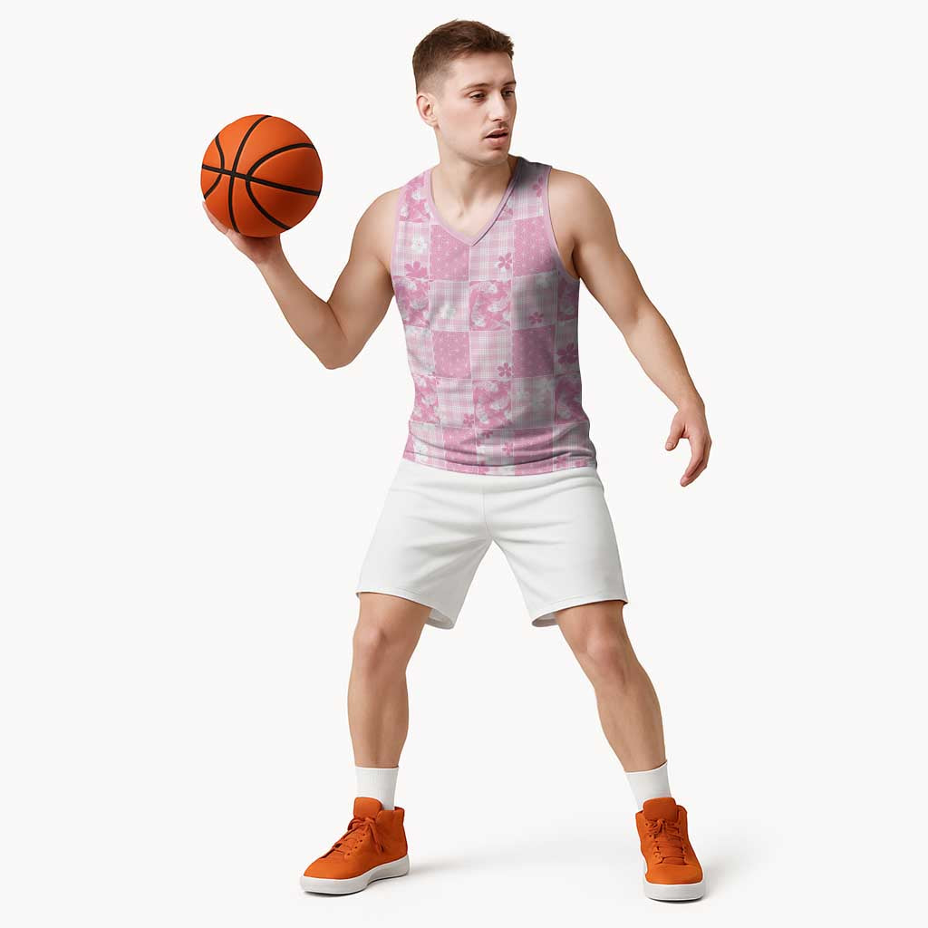 Pink Palaka Japanese Patterns Basketball Jersey Koi Fish Asanoha Sakura Patchwork Stylized - Polynesian Pride