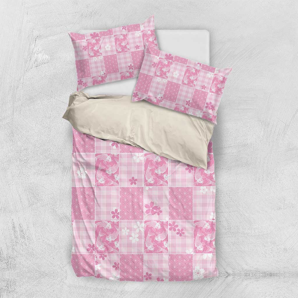 Pink Palaka Japanese Patterns Bedding Set Koi Fish Asanoha Sakura Patchwork Stylized - Polynesian Pride