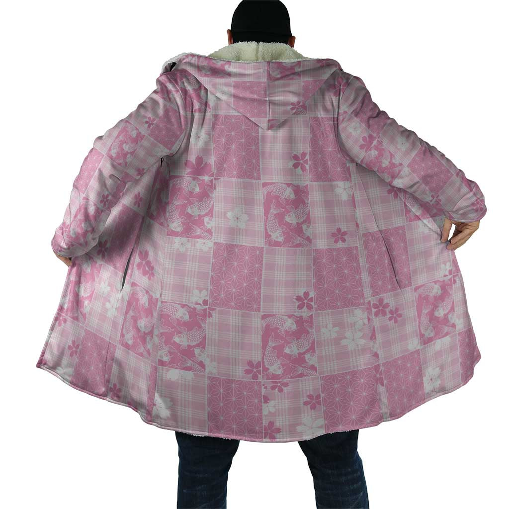 Pink Palaka Japanese Patterns Cloak Koi Fish Asanoha Sakura Patchwork Stylized - Polynesian Pride