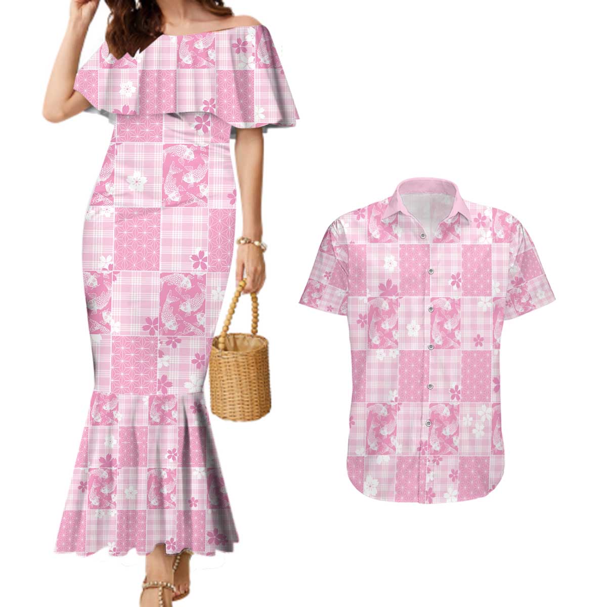 Pink Palaka Japanese Patterns Couples Matching Mermaid Dress and Hawaiian Shirt Koi Fish Asanoha Sakura Patchwork Stylized LT14 Pink - Polynesian Pride
