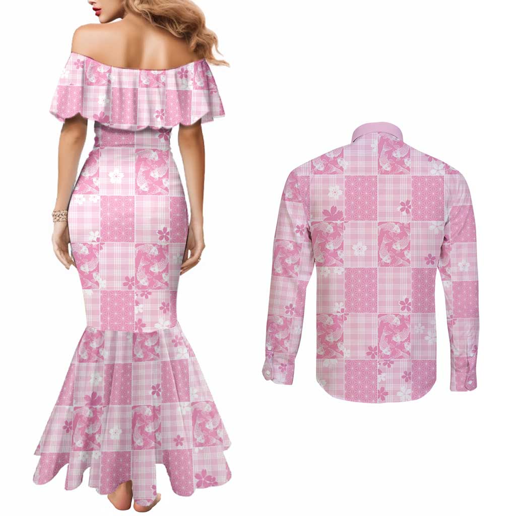 Pink Palaka Japanese Patterns Couples Matching Mermaid Dress and Long Sleeve Button Shirt Koi Fish Asanoha Sakura Patchwork Stylized - Polynesian Pride