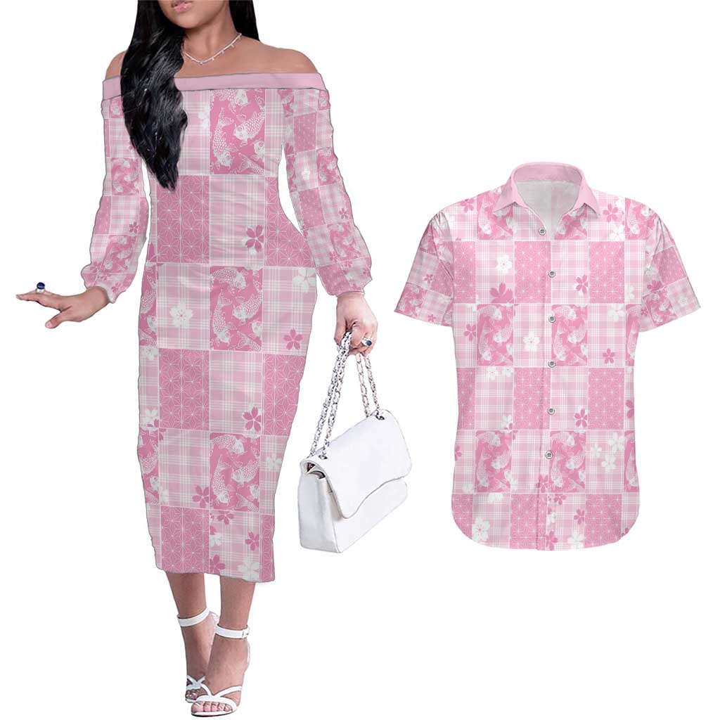 Pink Palaka Japanese Patterns Couples Matching Off The Shoulder Long Sleeve Dress and Hawaiian Shirt Koi Fish Asanoha Sakura Patchwork Stylized LT14 Pink - Polynesian Pride