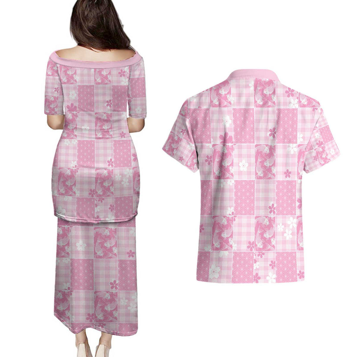 Pink Palaka Japanese Patterns Couples Matching Puletasi and Hawaiian Shirt Koi Fish Asanoha Sakura Patchwork Stylized - Polynesian Pride