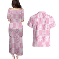 Pink Palaka Japanese Patterns Couples Matching Puletasi and Hawaiian Shirt Koi Fish Asanoha Sakura Patchwork Stylized - Polynesian Pride