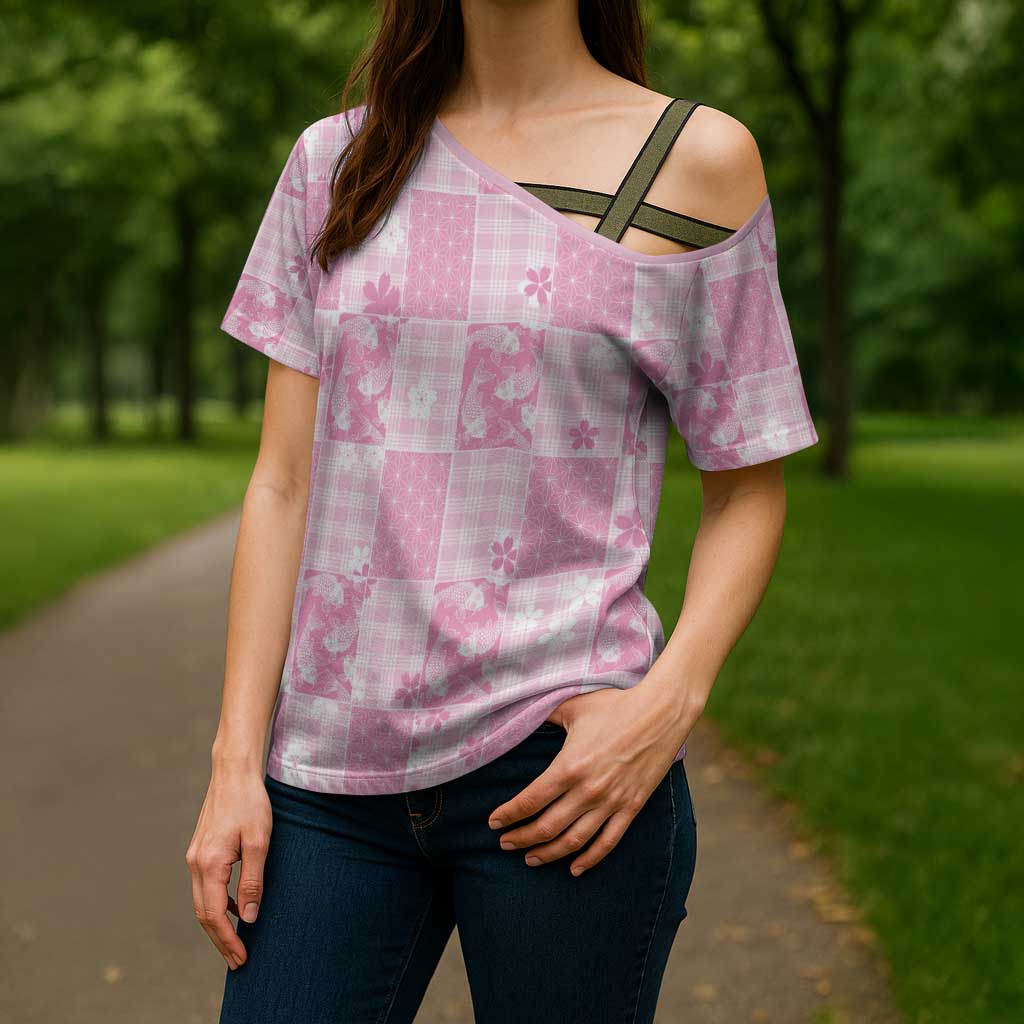 Pink Palaka Japanese Patterns Cross Shoulder Shirt Koi Fish Asanoha Sakura Patchwork Stylized - Polynesian Pride