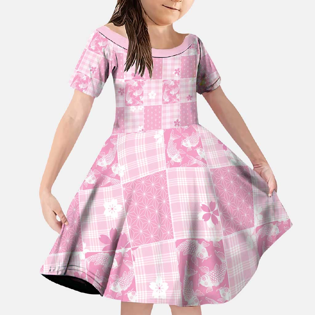 Pink Palaka Japanese Patterns Family Matching Long Sleeve Bodycon Dress and Hawaiian Shirt Koi Fish Asanoha Sakura Patchwork Stylized - Polynesian Pride