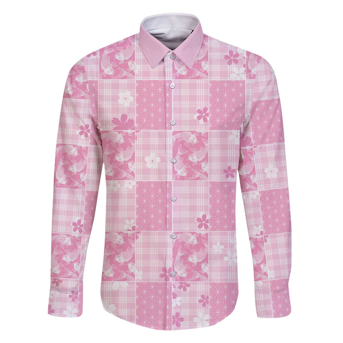 Pink Palaka Japanese Patterns Family Matching Off The Shoulder Long Sleeve Dress and Hawaiian Shirt Koi Fish Asanoha Sakura Patchwork Stylized - Polynesian Pride