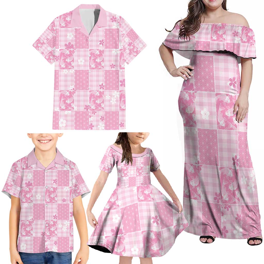 Pink Palaka Japanese Patterns Family Matching Off Shoulder Maxi Dress and Hawaiian Shirt Koi Fish Asanoha Sakura Patchwork Stylized LT14 - Polynesian Pride