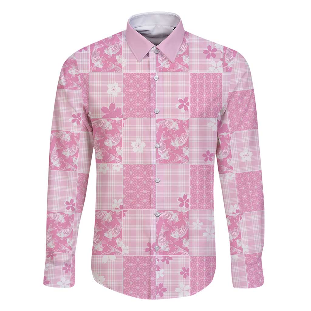 Pink Palaka Japanese Patterns Family Matching Off Shoulder Maxi Dress and Hawaiian Shirt Koi Fish Asanoha Sakura Patchwork Stylized - Polynesian Pride
